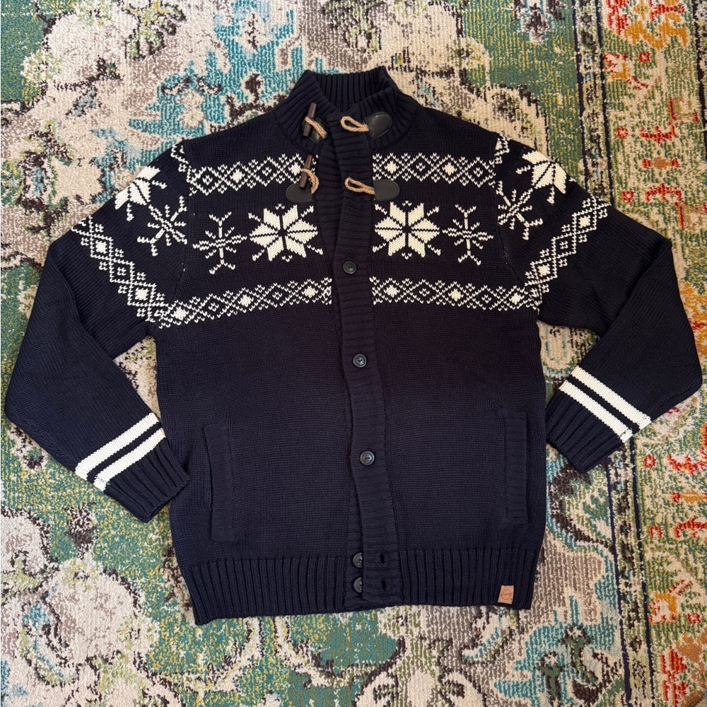 Weatherproof Vintage Men’s Cardigan Sweater Snowflake Design Toggles Navy Blue L